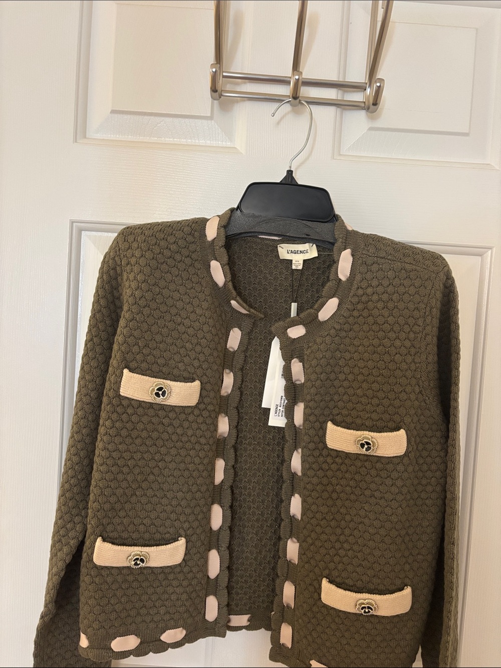 L'AGENCE Olive Knit Cardigan with Cream Pockets and Pink Trim